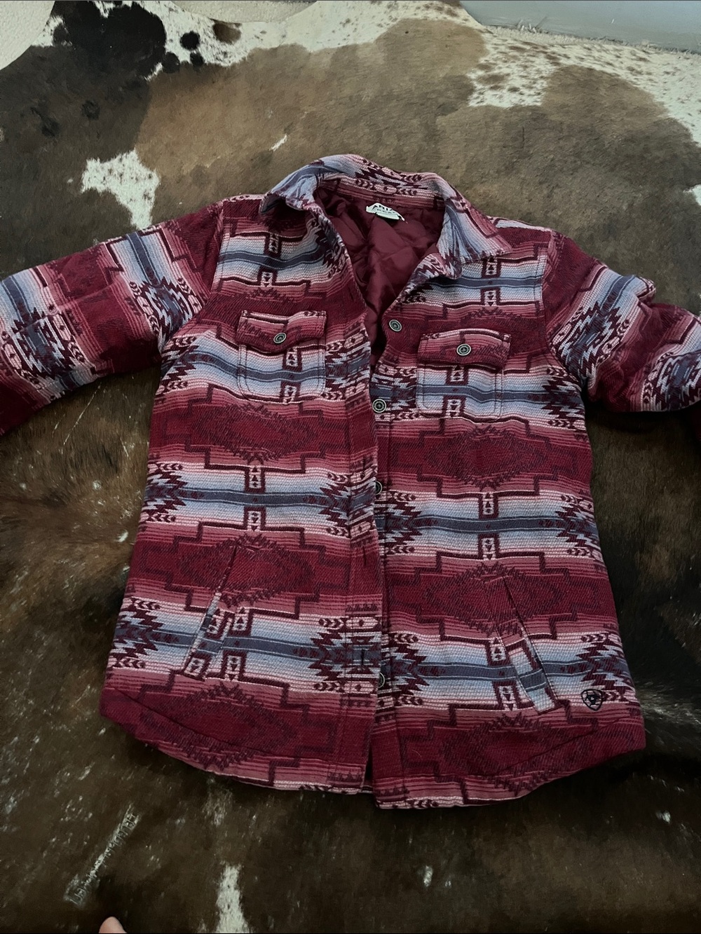 Ariat Women's Aztec Print Quilted Shacket - Burgundy & Light Blue